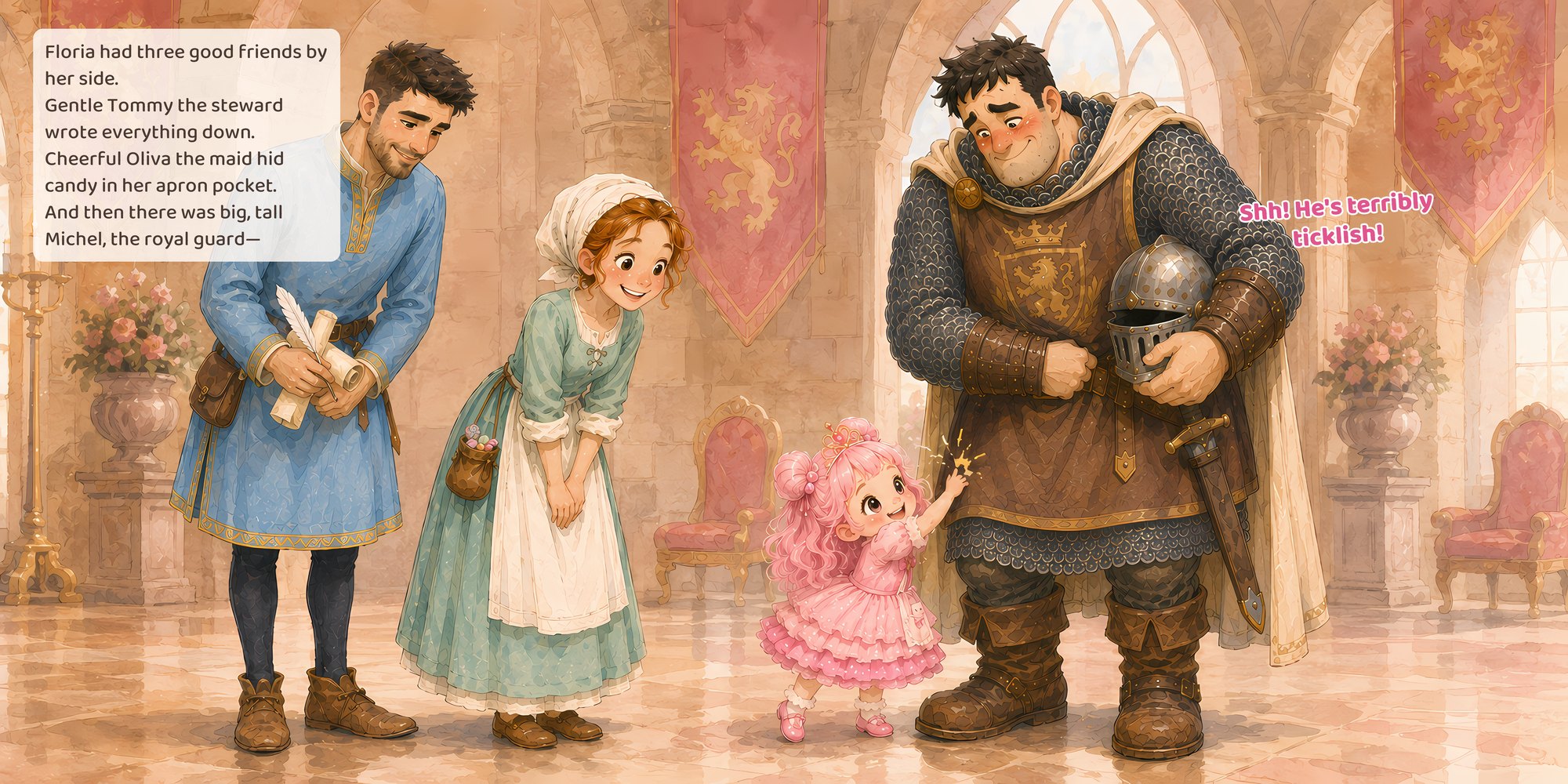 Floria had three good friends by her side. Gentle Tommy the steward wrote everything down. Cheerful Oliva the maid hid candy in her apron pocket. And then there was big, tall Michel, the royal guard— Shh! He's terribly ticklish!