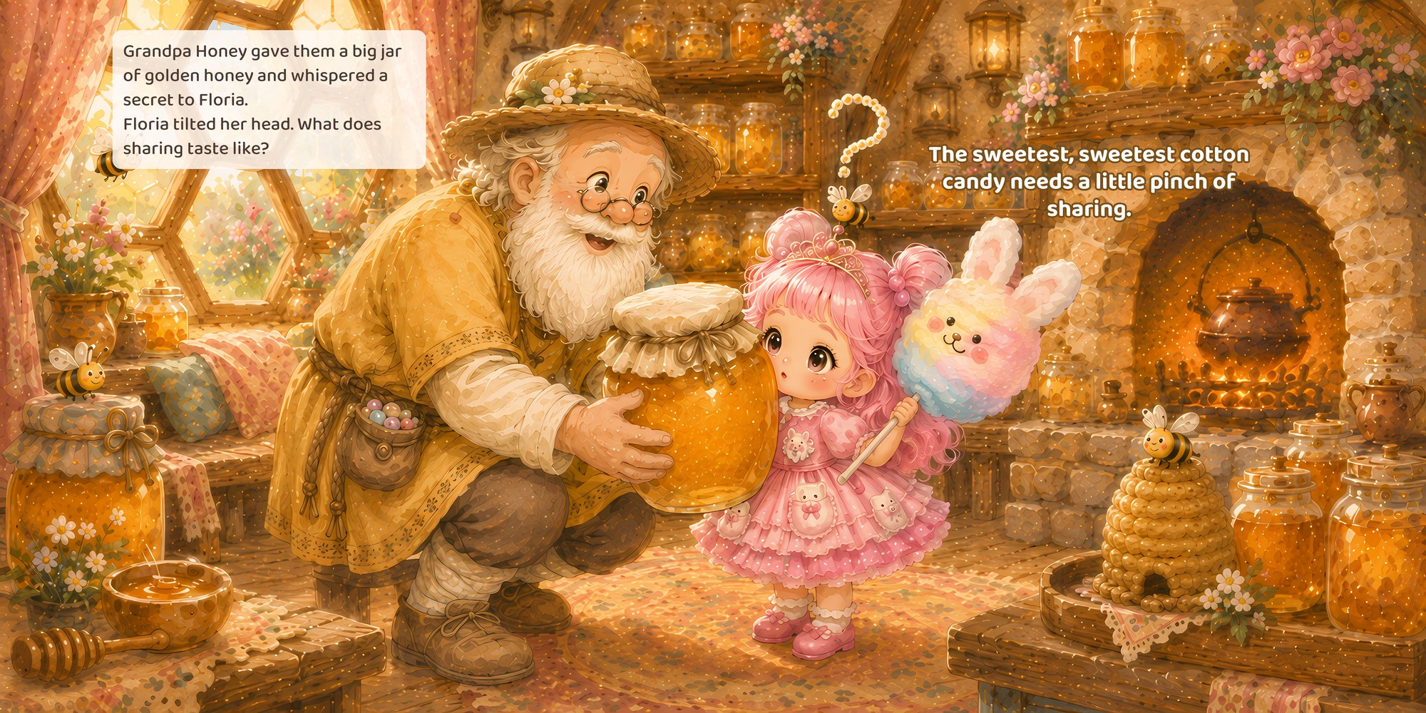 Grandpa Honey gave them a big jar of golden honey and whispered a secret to Floria. The sweetest, sweetest cotton candy needs a little pinch of sharing. Floria tilted her head. What does sharing taste like?