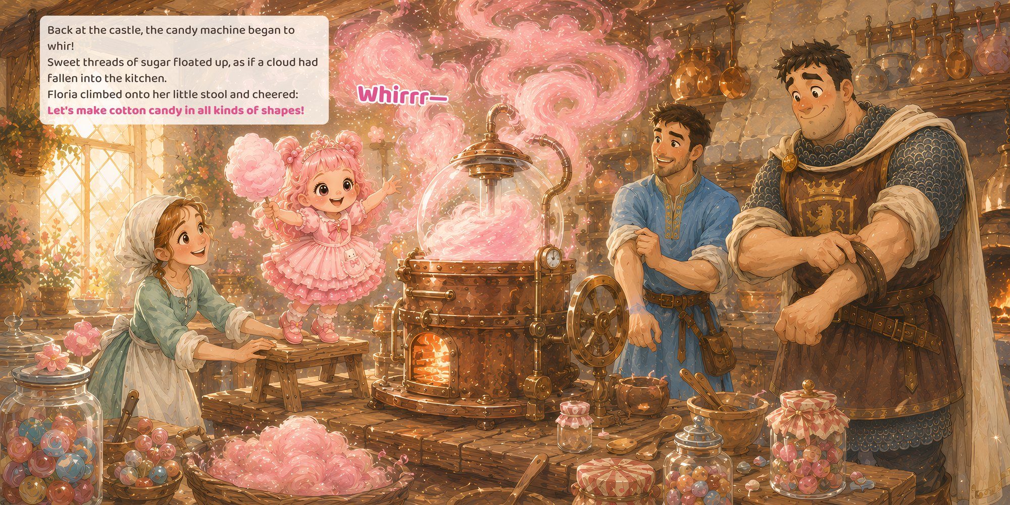 Back at the castle, the candy machine began to whir! Sweet threads of sugar floated up, as if a cloud had fallen into the kitchen. Floria climbed onto her little stool and cheered: Let's make cotton candy in all kinds of shapes!