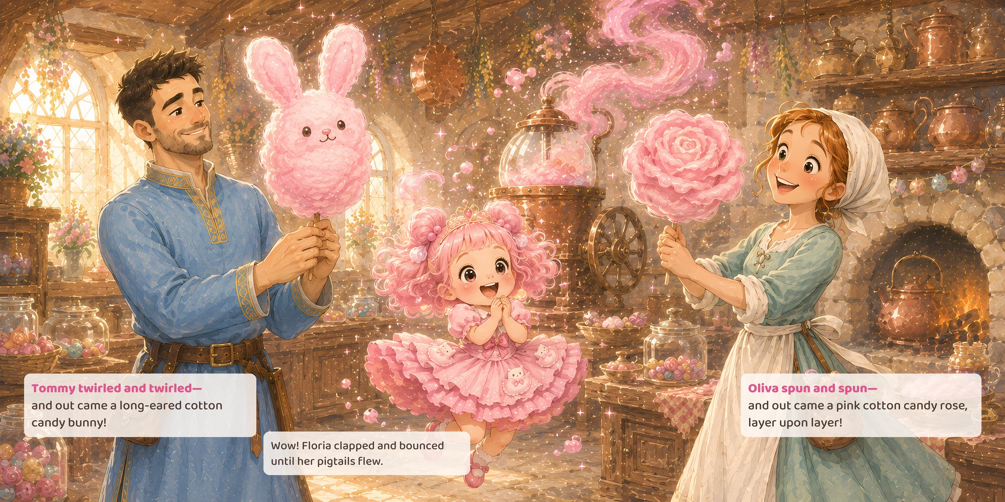 Tommy twirled and twirled—and out came a long-eared cotton candy bunny! Oliva spun and spun—and out came a pink cotton candy rose, layer upon layer! Wow! Floria clapped and bounced until her pigtails flew.