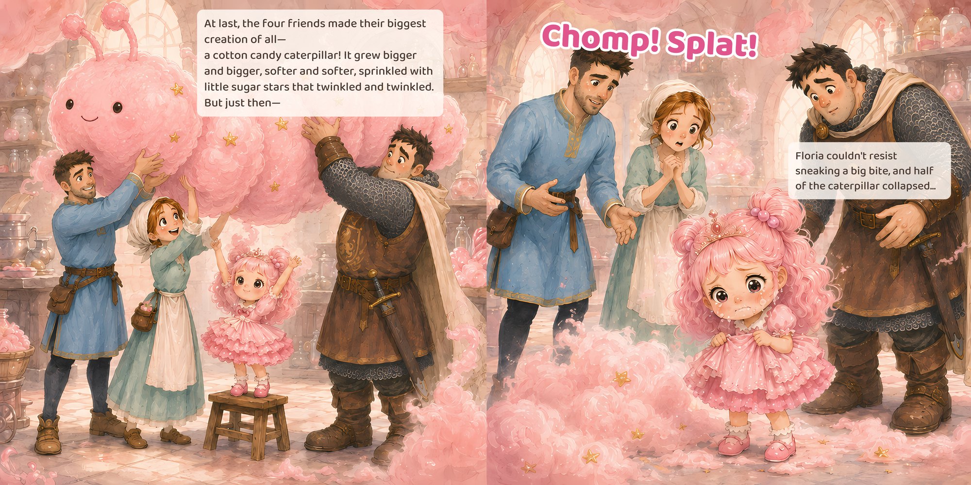 At last, the four friends made their biggest creation of all— a cotton candy caterpillar! It grew bigger and bigger, softer and softer, sprinkled with little sugar stars that twinkled and twinkled. But just then— Chomp! Splat! Floria couldn't resist sneaking a big bite, and half of the caterpillar collapsed...