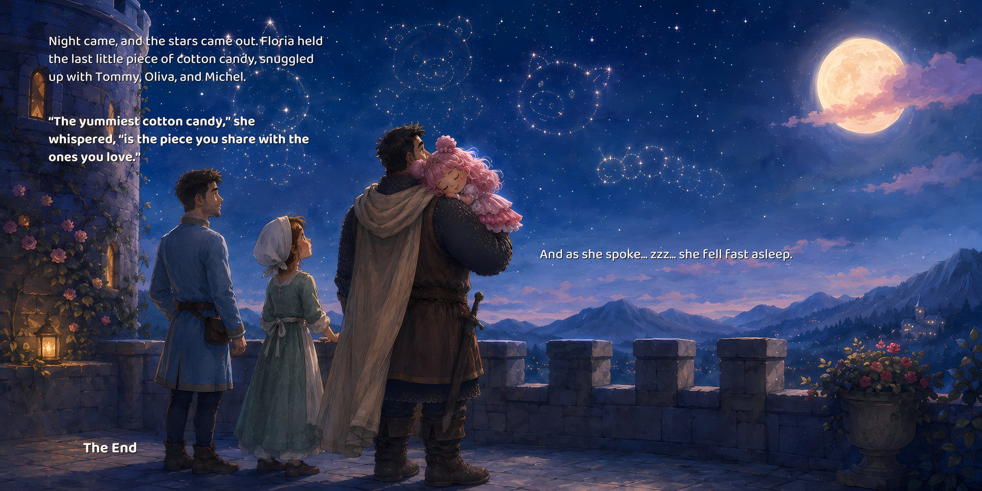 Night came, and the stars came out. Floria held the last little piece of cotton candy, snuggled up with Tommy, Oliva, and Michel. “The yummiest cotton candy,” she whispered, “is the piece you share with the ones you love.” And as she spoke... zzz... she fell fast asleep. The End